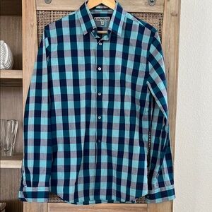 Almost brand new Express Men's Teal, Gray and Navy Plaid Formal Fitted Shirt